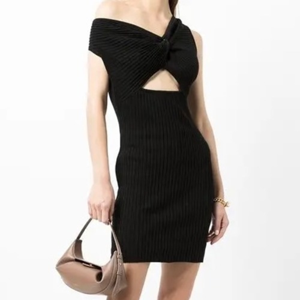 Anna Quan Zali Dress Women AU10 US6 Raven Black‎ Ribbed Knit Twisted Cutout Mini